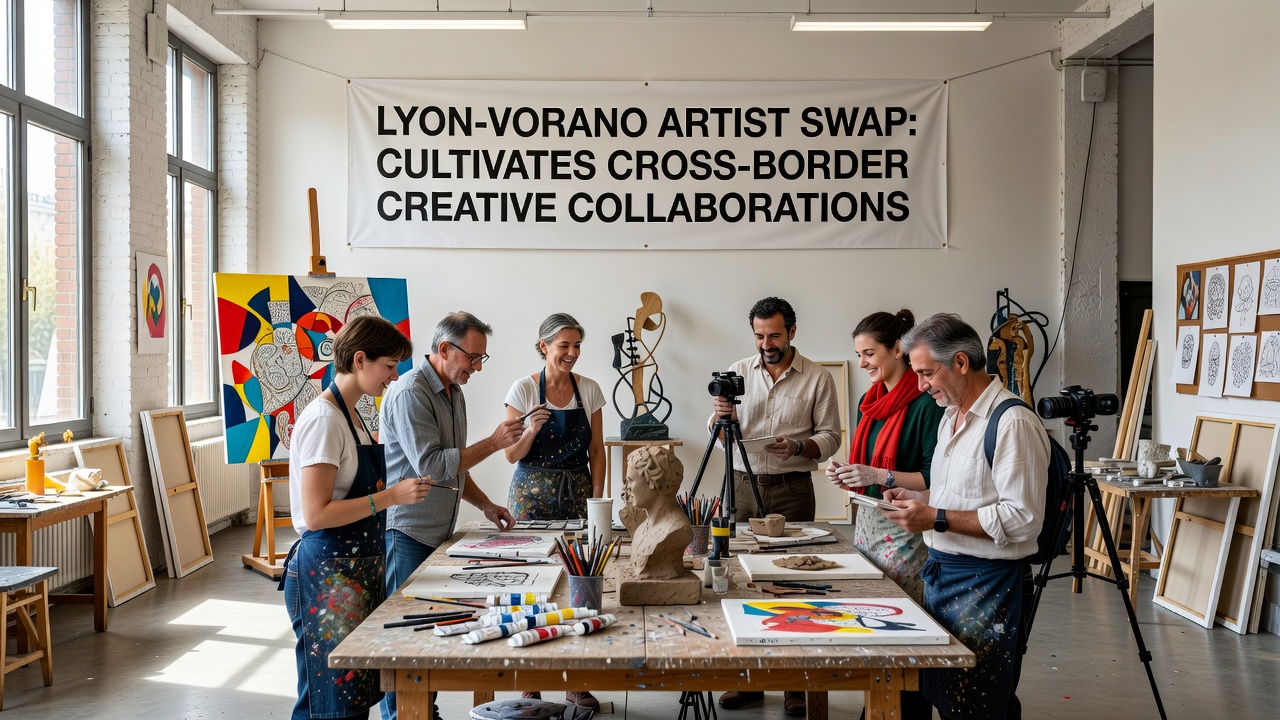 Exhibition installation featuring collaborative artworks from the Lyon-Vorano artist exchange
