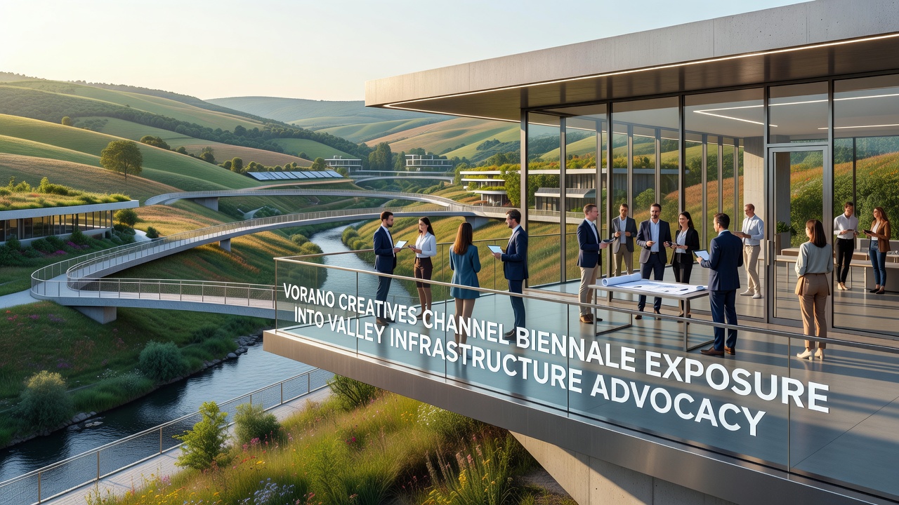 Valley landscape model displayed at the Biennale with overlaid infrastructure advocacy graphics from the Vorano channel